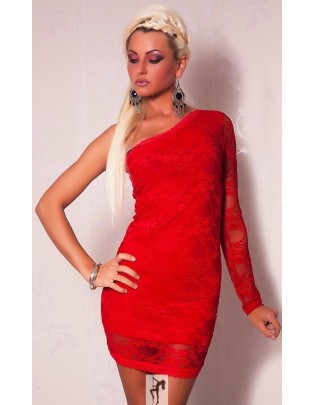 Catch-Fashion-One-Sleeve-Mini-dress-with-Lace-Red